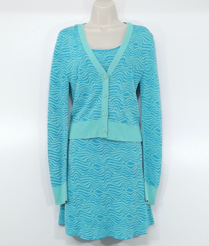 ZARA Green Blue Soft Thin Jersey Vintage Retro Style Women's Co-Ord Set Cardigan & Dress
