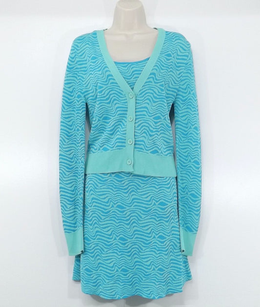 ZARA Green Blue Soft Thin Jersey Vintage Retro Style Women's Co-Ord Set Cardigan & Dress