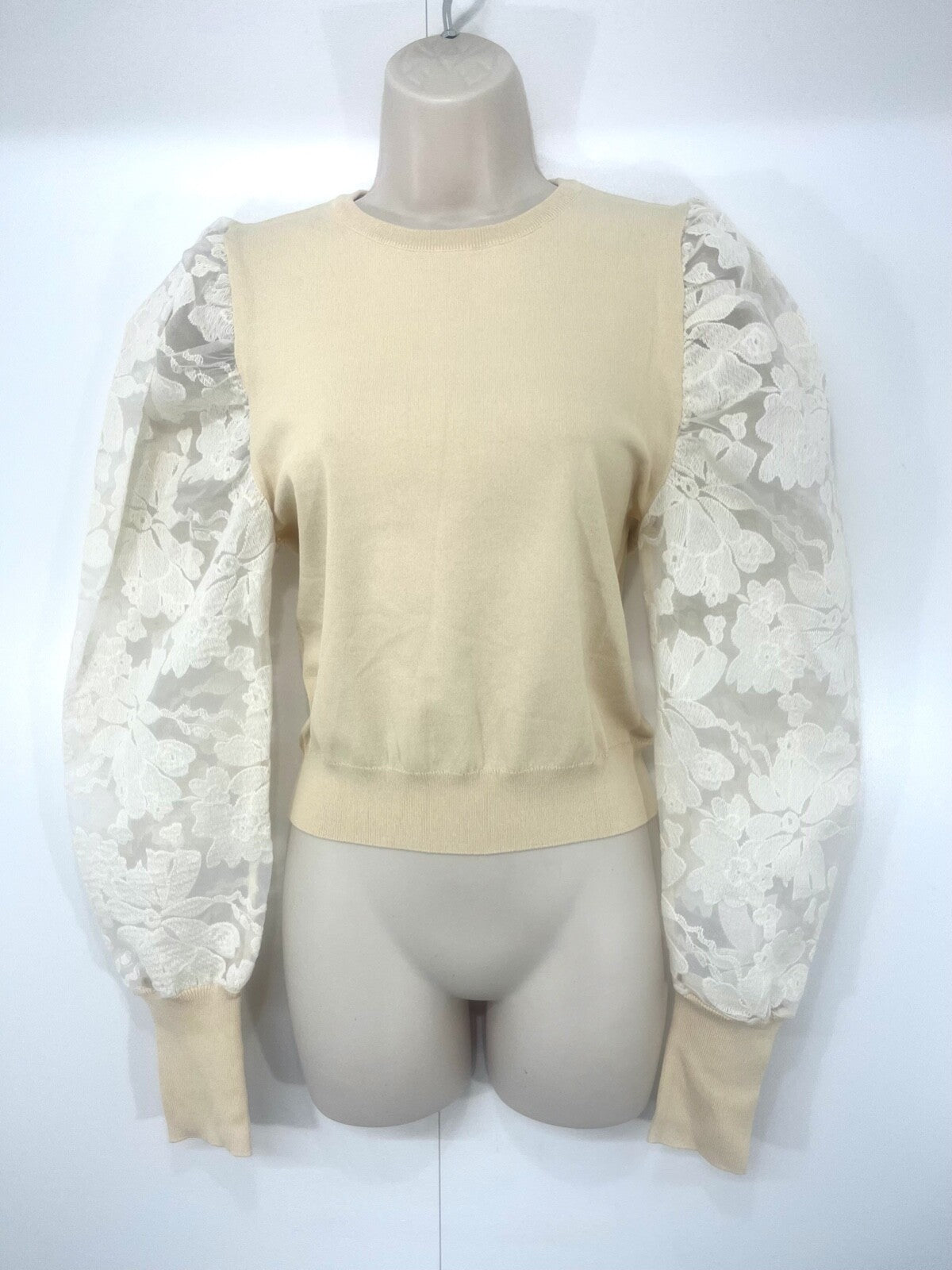 ZARA Cream Soft Thin Jersey Lace Sleeve Women's Jumper Top UK 12 14 XL