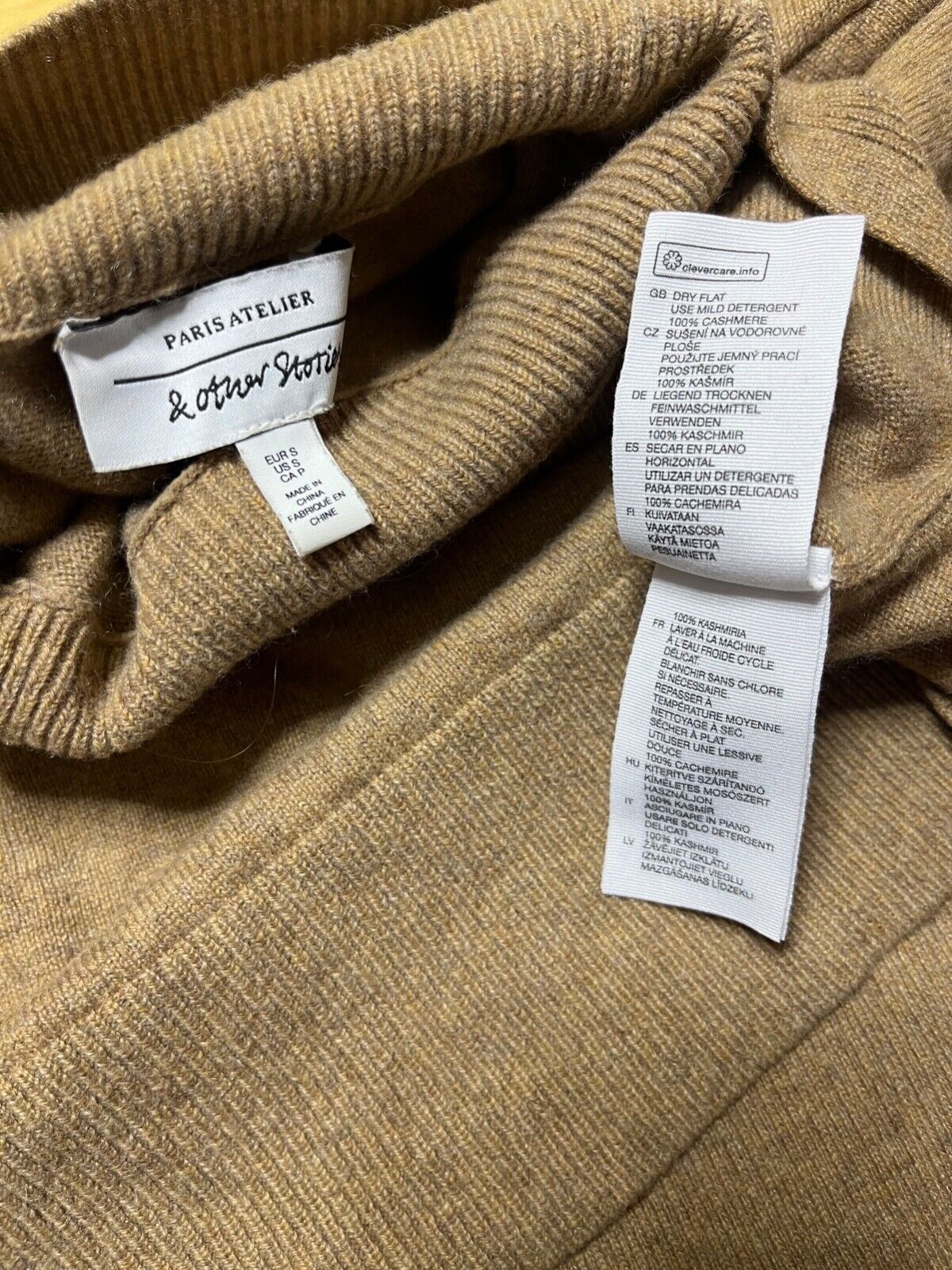 & OTHER STORIES Beige Thin Knit Pure CASHMERE Women's Cropped Roll Neck Jumper UK 8 10 S