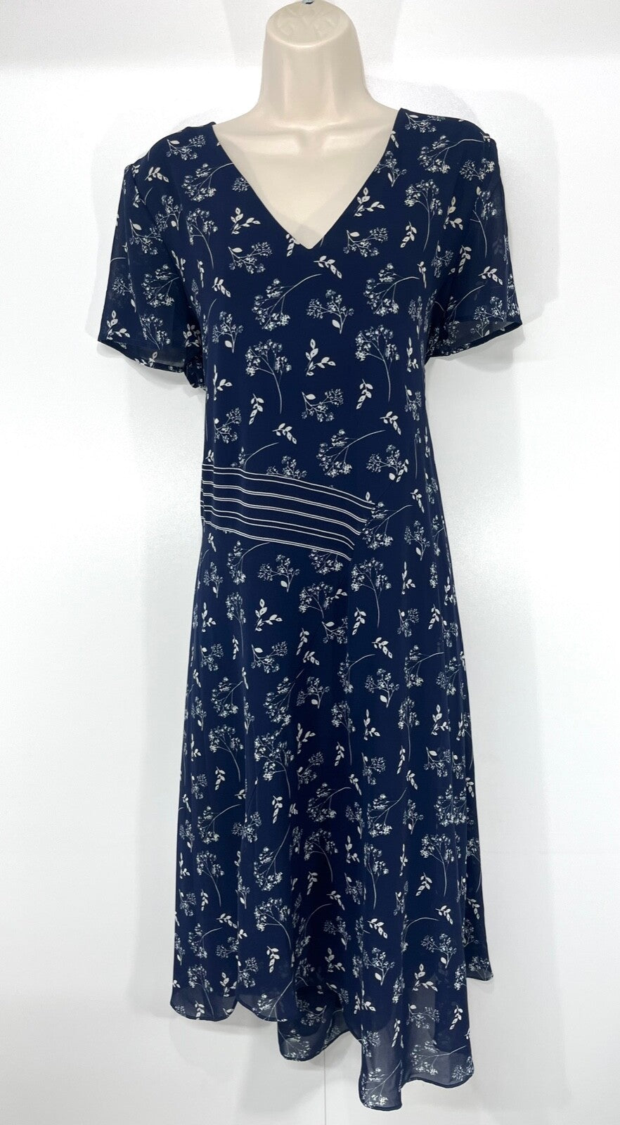 PHASE EIGHT Navy Cream Floral Silky Classic Women's Fit & Flare Dress UK 18