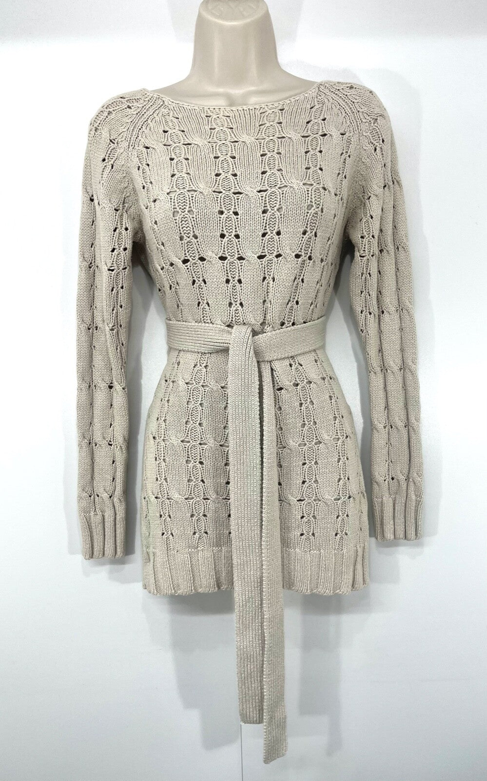 PAUL COSTELLOE Stone Beige LINEN Blend Retro Style Women's Jumper with Belt UK 8 10 S