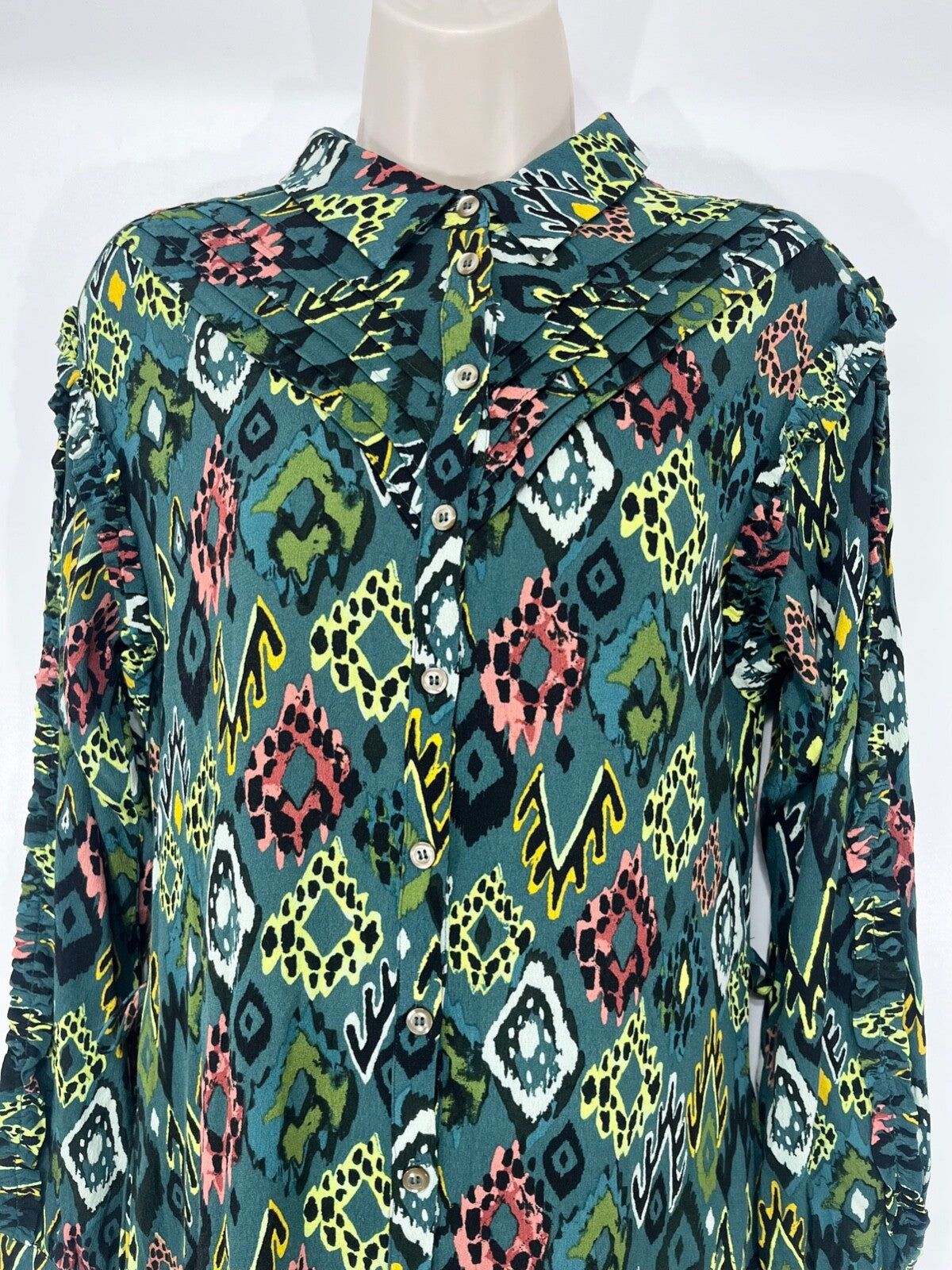 POM Amsterdam Green Multicoloured Boho Scandi Women's Midi Shirt Dress UK 8 10 S