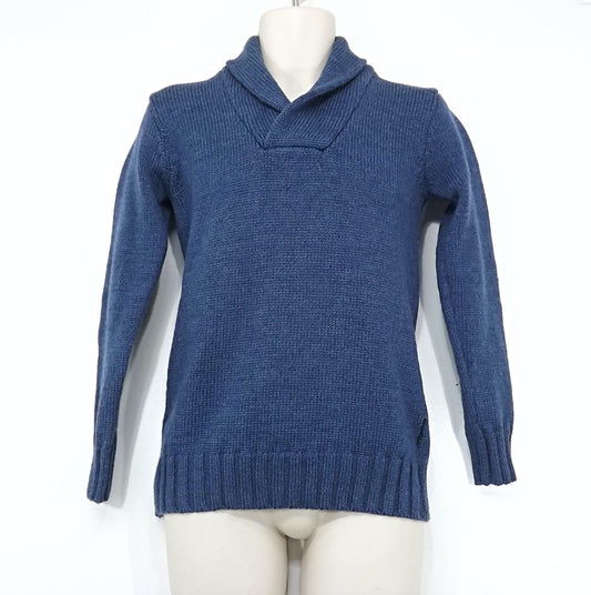 WOOLOVERS Blue Pure British WOOL Chunky Knit Mens Shawl Collar Jumper size XS