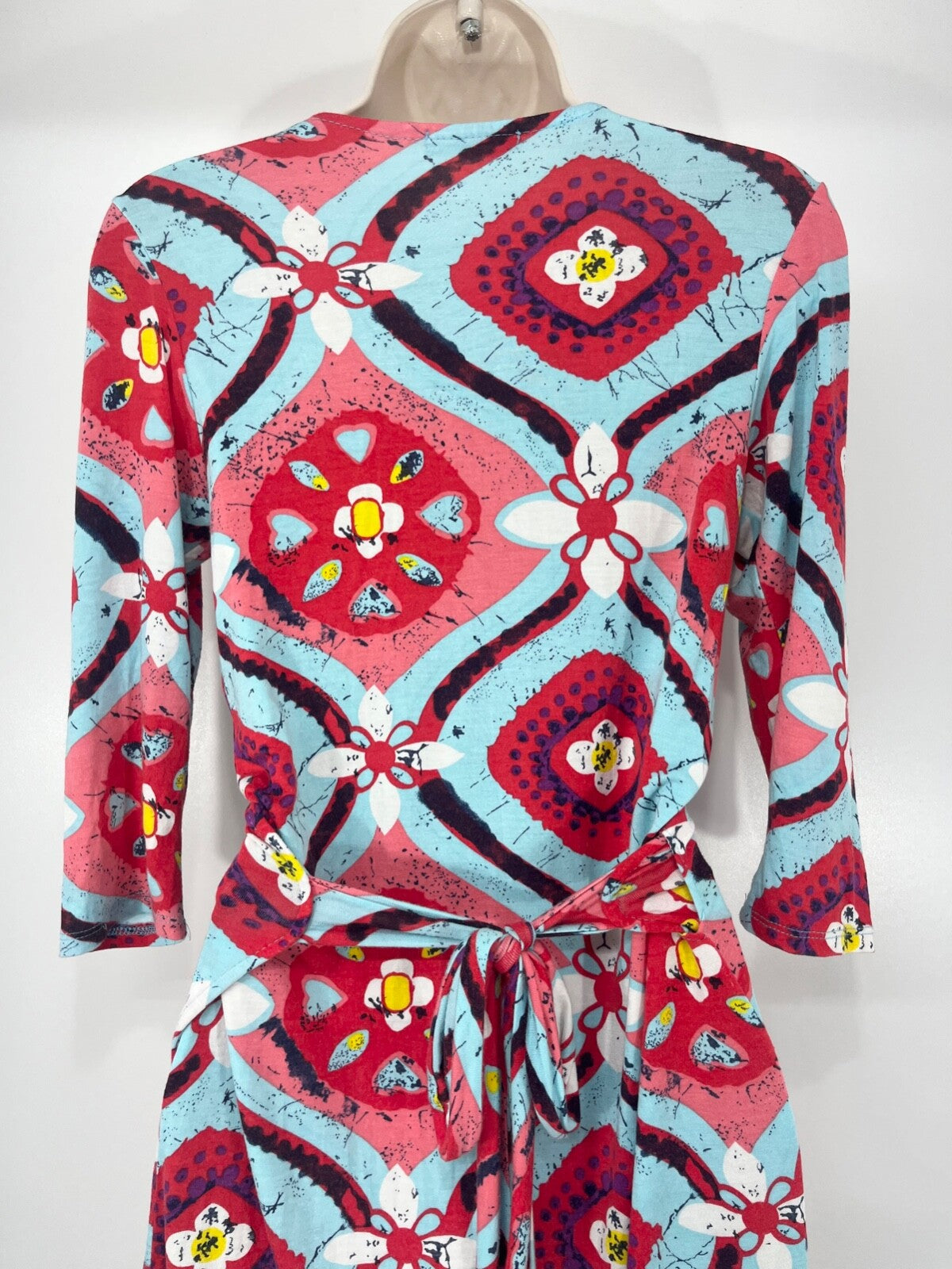 N&WILLOW Blue Red Multicoloured Thin Jersey Retro Boho Women's Crossover Wrap Dress UK 10 12 S M