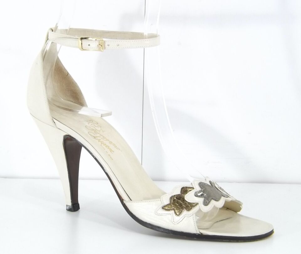 FERRAGAMO Vintage 60s Cream Ivory REAL LEATHER Women's Ankle Strap Sandals UK 4 EUR 37