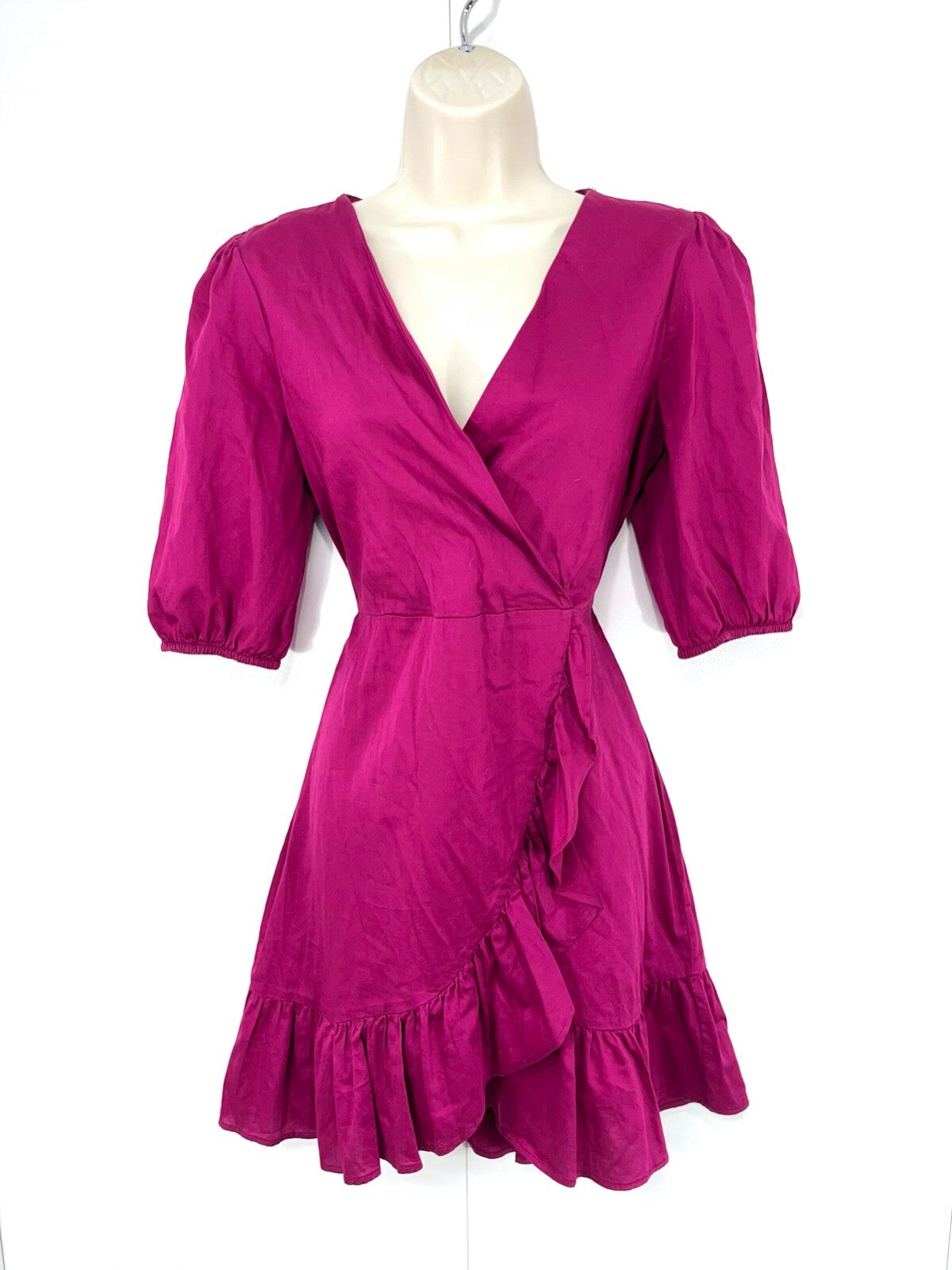 OYSHO Dark Pink Women's Fit & Flare Dress UK 14 16 L Pure COTTON Crossover Style V-Neck