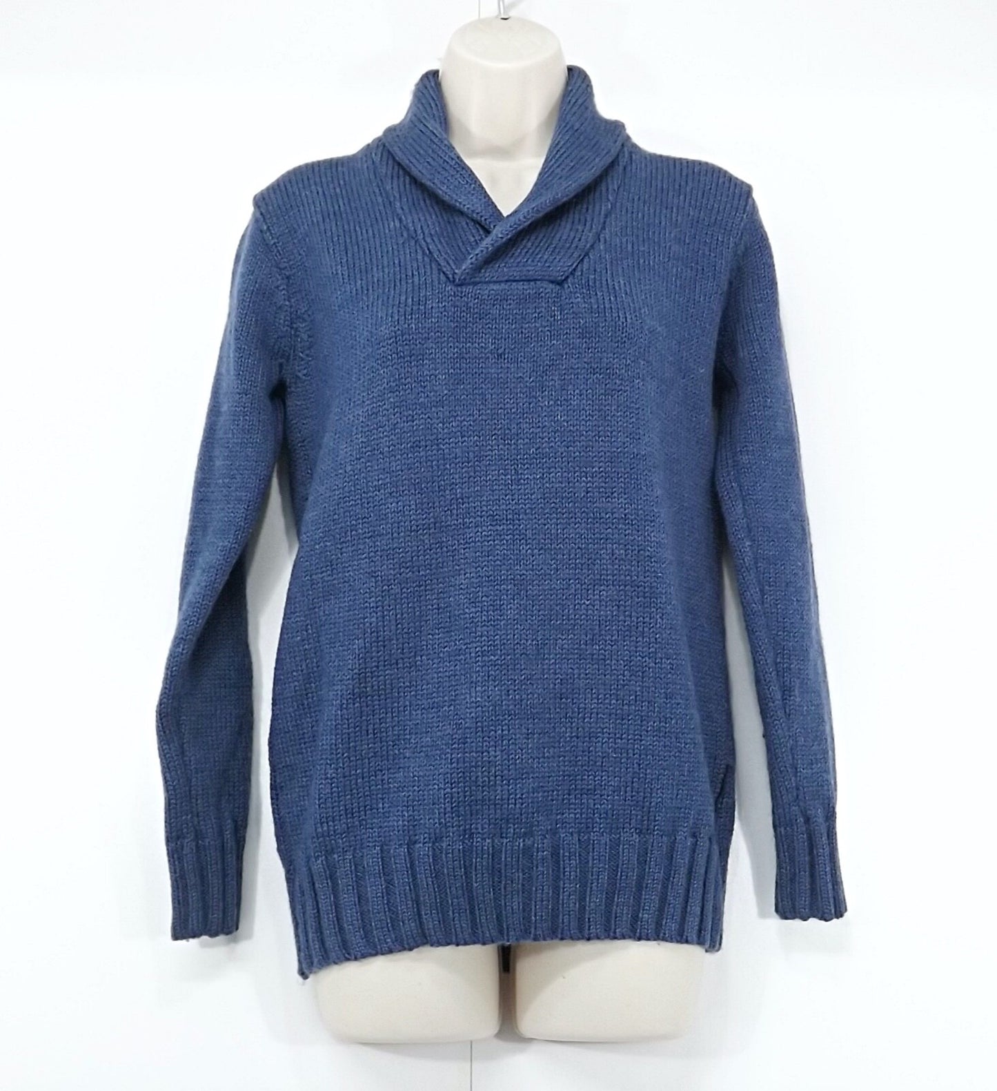 WOOLOVERS Blue Pure British WOOL Chunky Knit Mens Shawl Collar Jumper size XS