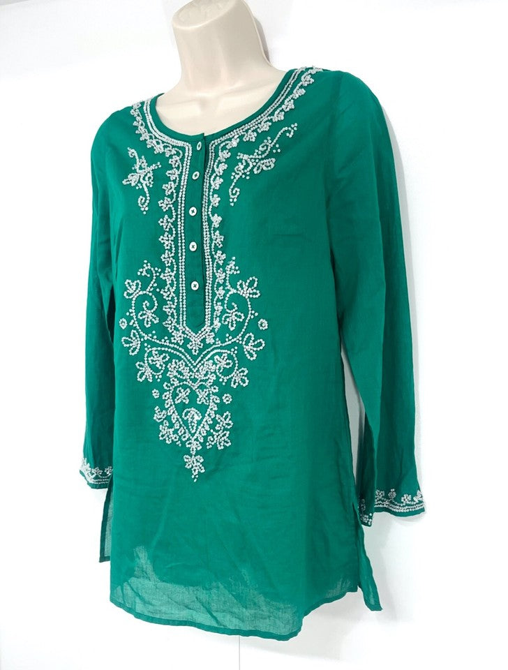 EAST Green Embellished Pure COTTON Boho Style Women's Blouse Tunic UK 8 NEW