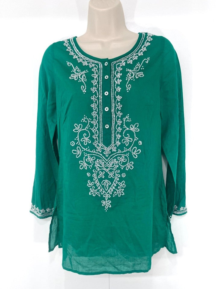 EAST Green Embellished Pure COTTON Boho Style Women's Blouse Tunic UK 8 NEW