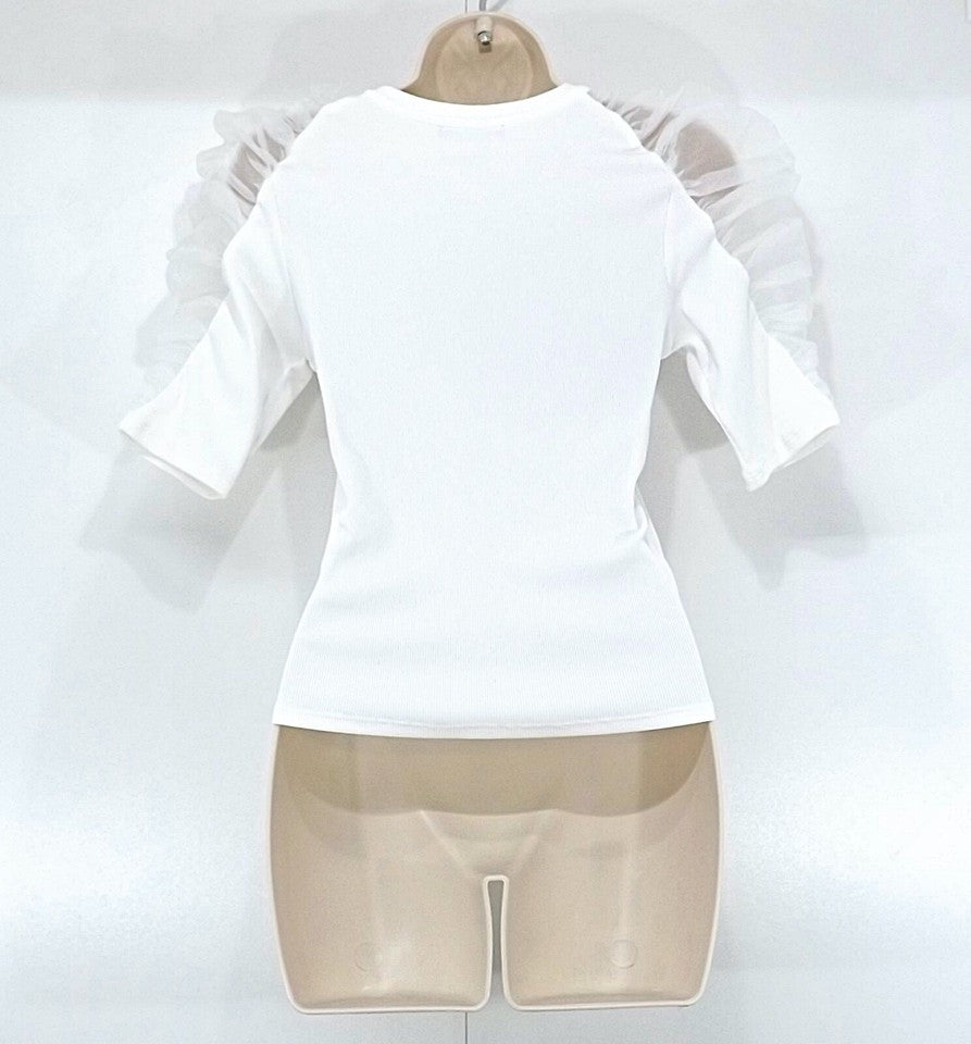 ZARA White Thin Jersey Gathered Organza Shoulder Women's Blouse T-Shirt UK 10 12 M