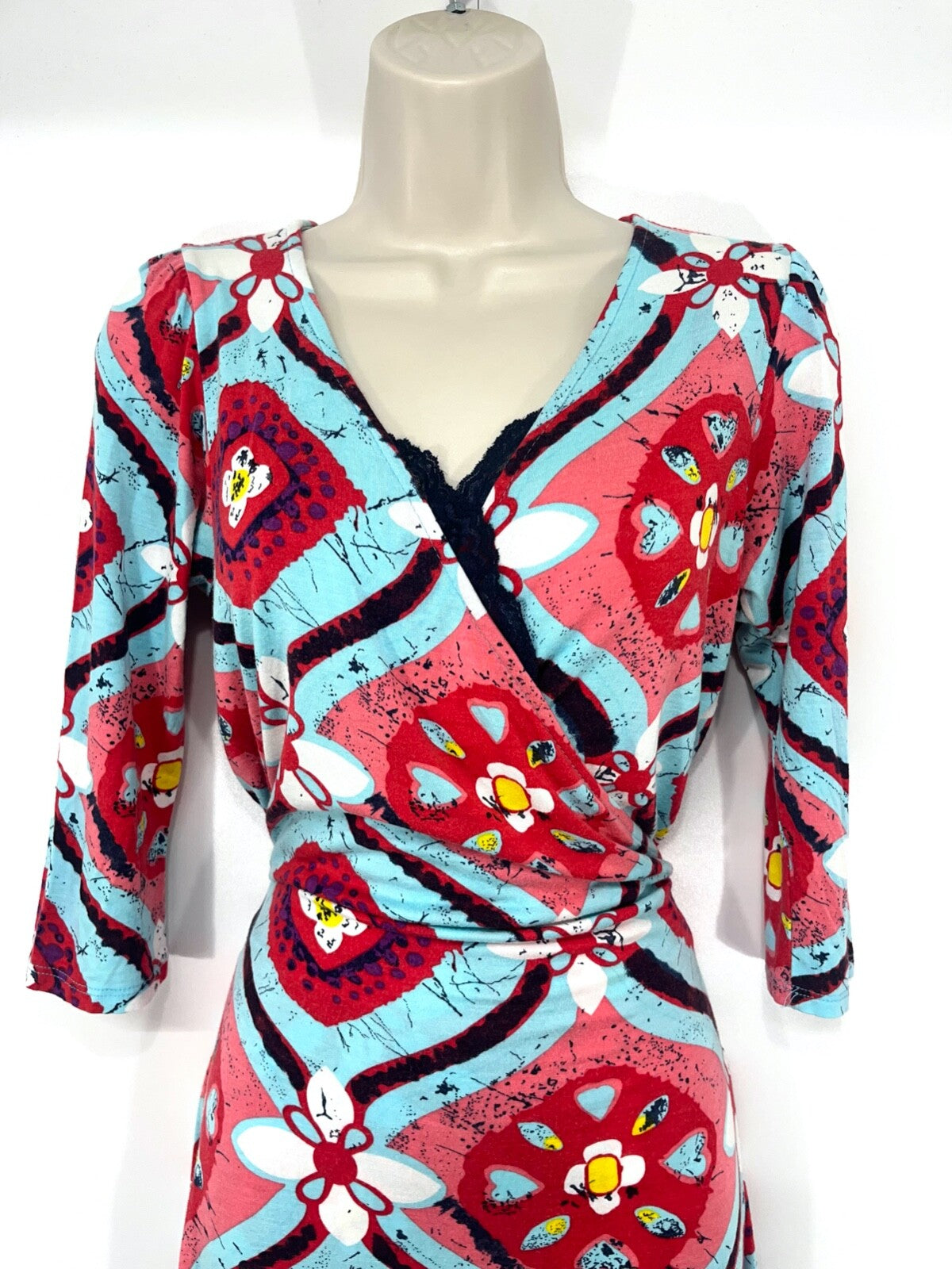 N&WILLOW Blue Red Multicoloured Thin Jersey Retro Boho Women's Crossover Wrap Dress UK 10 12 S M