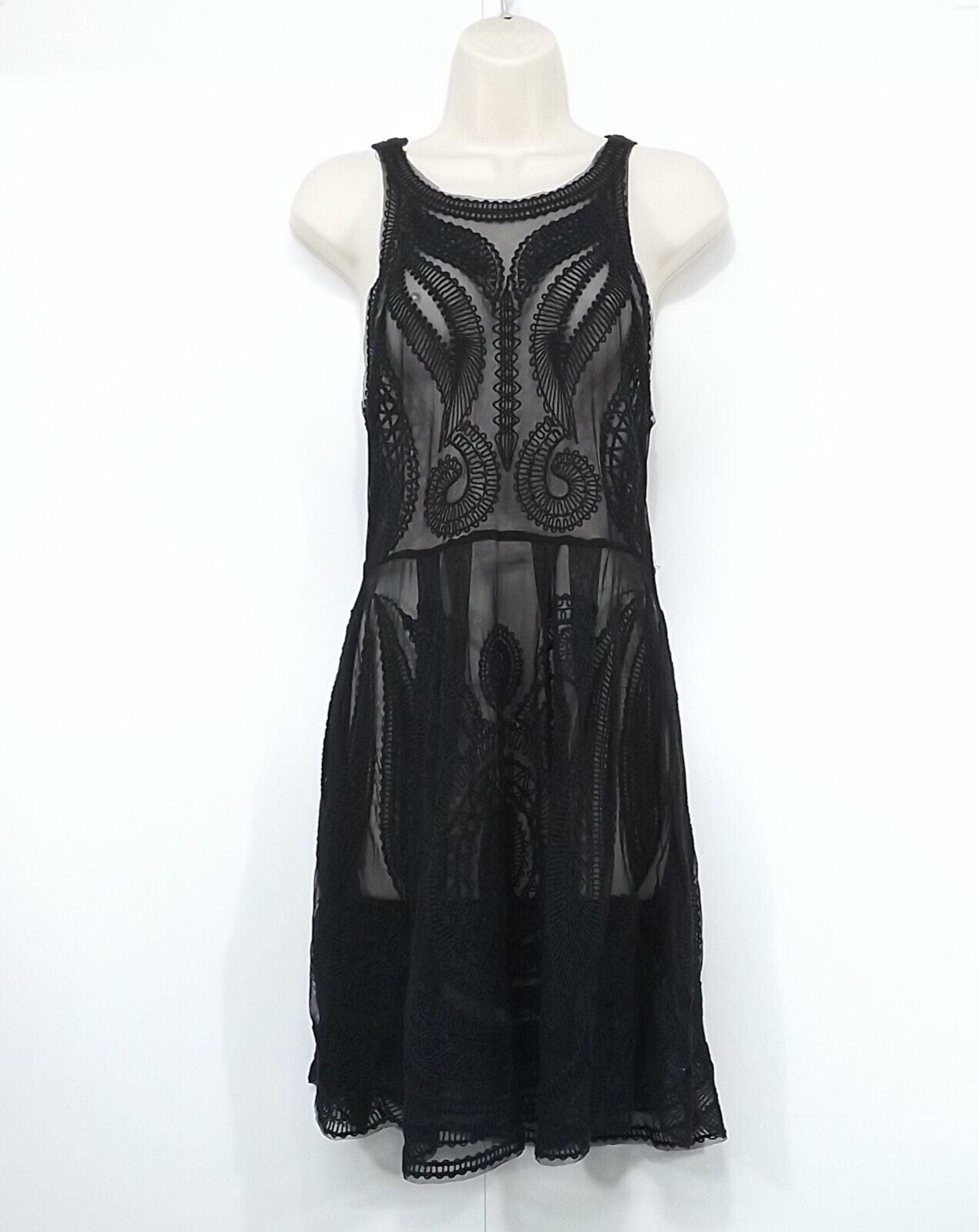 SEEN Embroidered Mesh Sheer Black Women's Fit & Flare Dress UK 12 14 Cocktail Goth Club