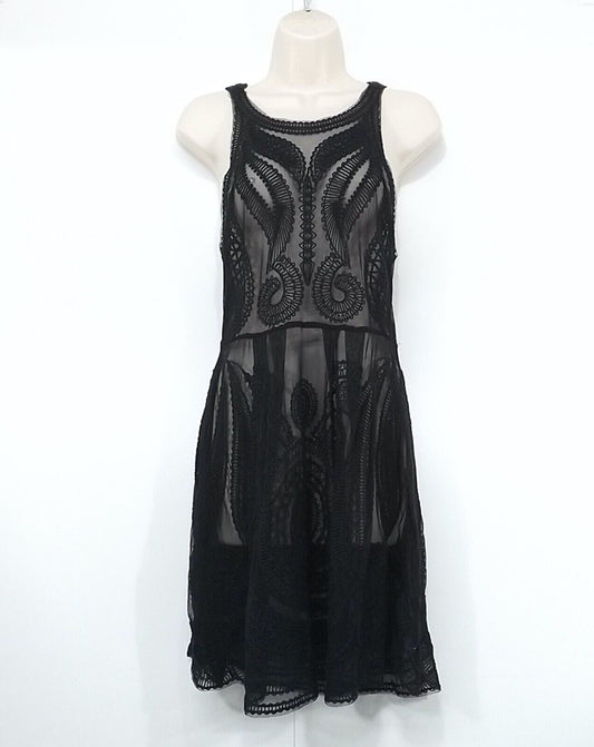 SEEN Embroidered Mesh Sheer Black Women's Fit & Flare Dress UK 12 14 Cocktail Goth Club