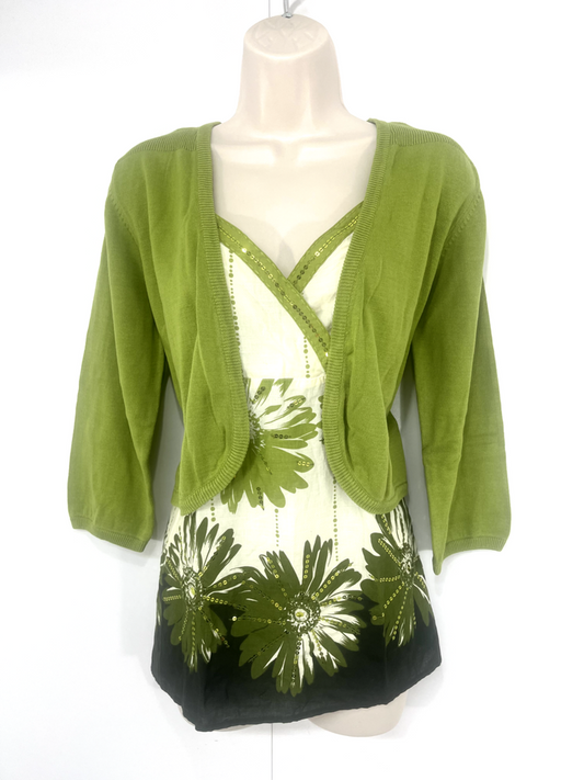 DEBENHAMS Green Multicoloured COTTON Women's Bolero Cardigan Camisole Top Set UK 16