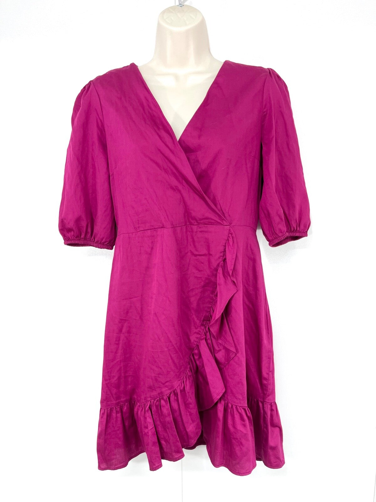 OYSHO Dark Pink Women's Fit & Flare Dress UK 14 16 L Pure COTTON Crossover Style V-Neck