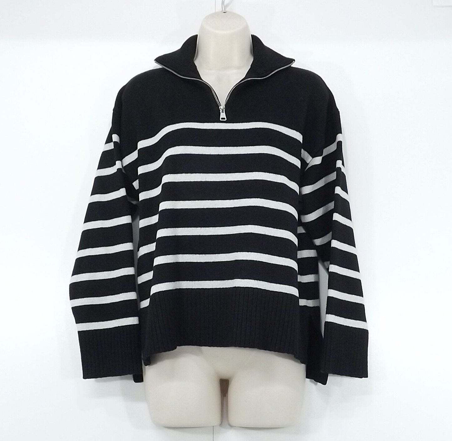 ZARA Black Ivory Soft Chunky Knit Women's Oversized High Zip Neck Jumper UK 8 10 S