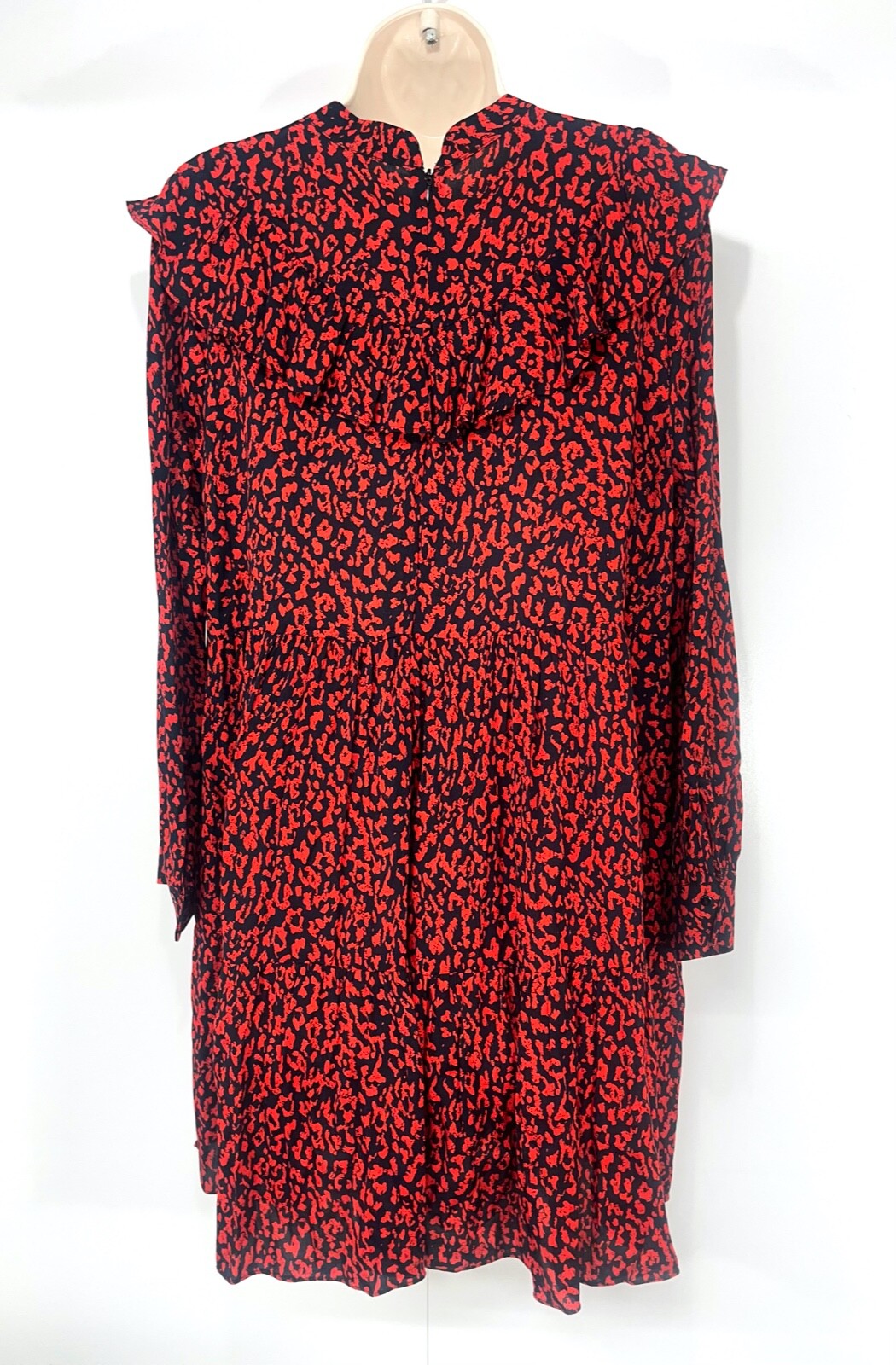 ZARA Black Red Silky Retro Boho Style Women's Ruffle Flared Dress UK 12 14 M