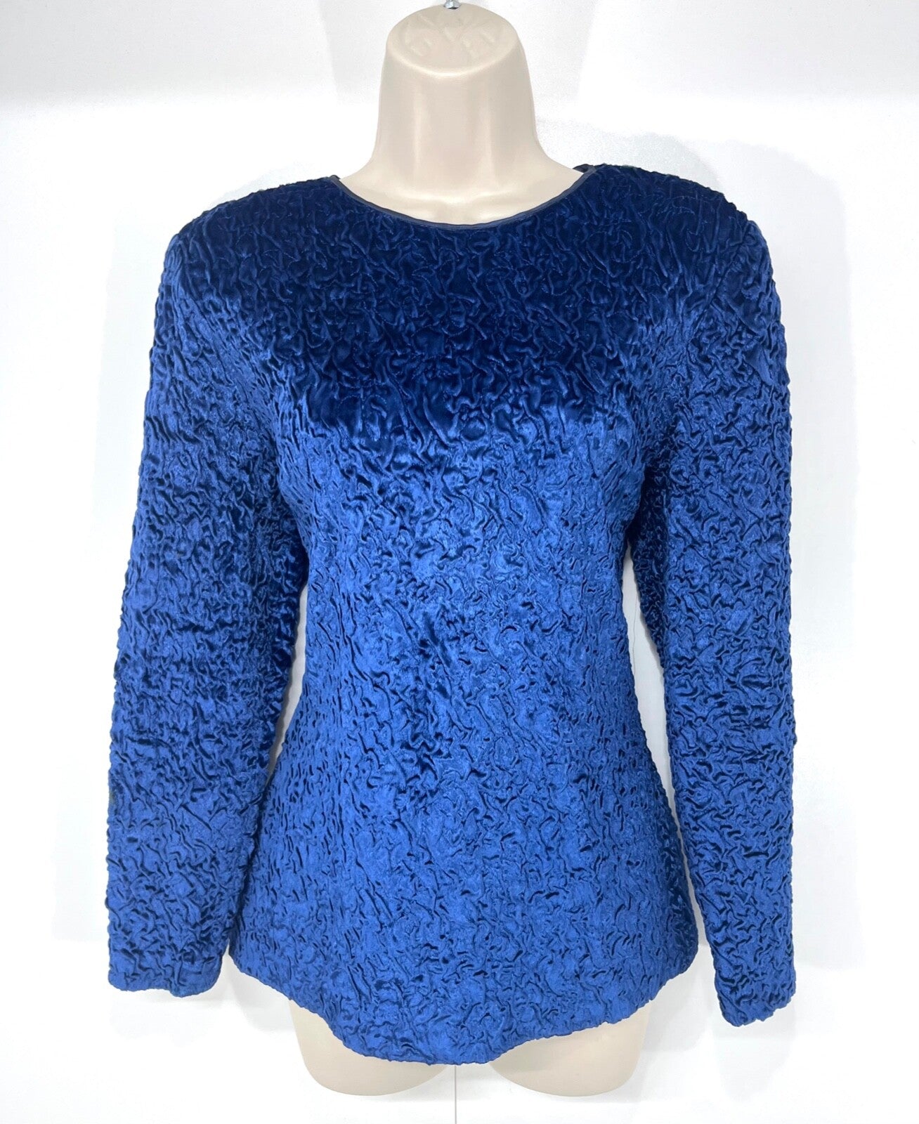 GUY LAROCHE Paris Vintage 90s Women's Blue Crushed Velvet Blouse Top UK 14 16 L