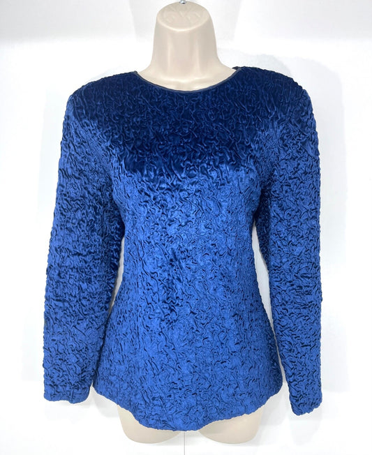 GUY LAROCHE Paris Vintage 90s Women's Blue Crushed Velvet Blouse Top UK 14 16 L