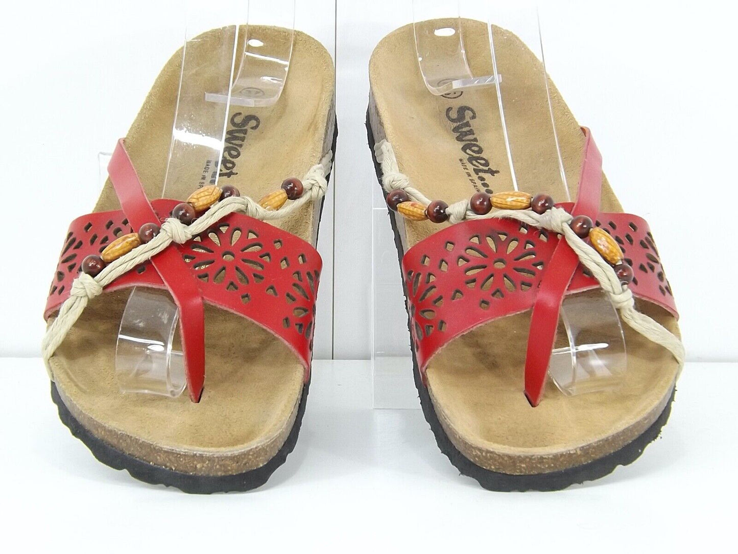 SWEET Red Embellished REAL LEATHER Women's Slip On Toe Post Sandals UK 4 EUR 37