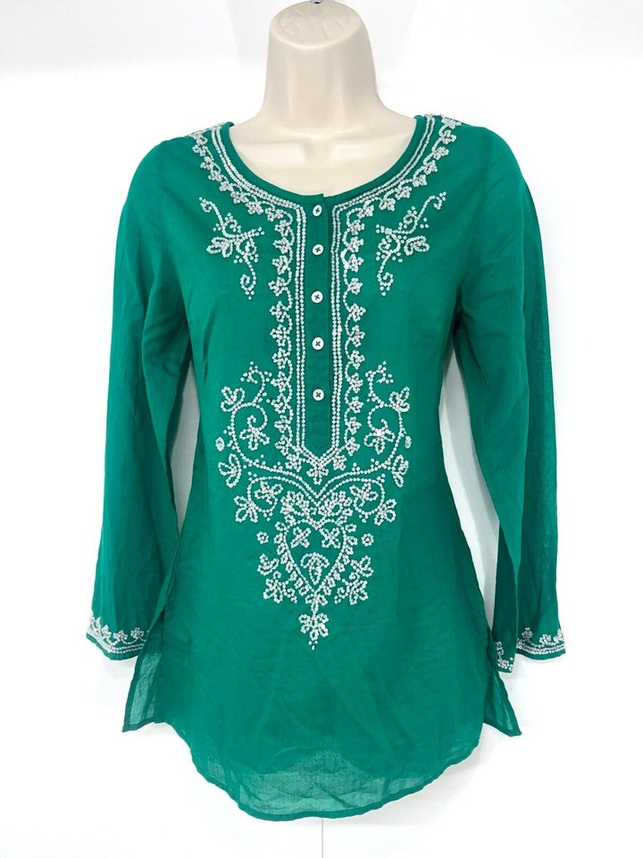 EAST Green Embellished Pure COTTON Boho Style Women's Blouse Tunic UK 8 NEW