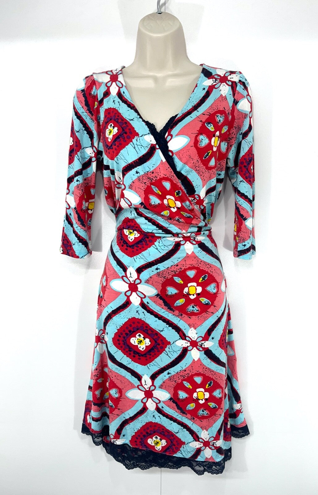 N&WILLOW Blue Red Multicoloured Thin Jersey Retro Boho Women's Crossover Wrap Dress UK 10 12 S M
