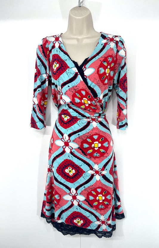 N&WILLOW Blue Red Multicoloured Thin Jersey Retro Boho Women's Crossover Wrap Dress UK 10 12 S M