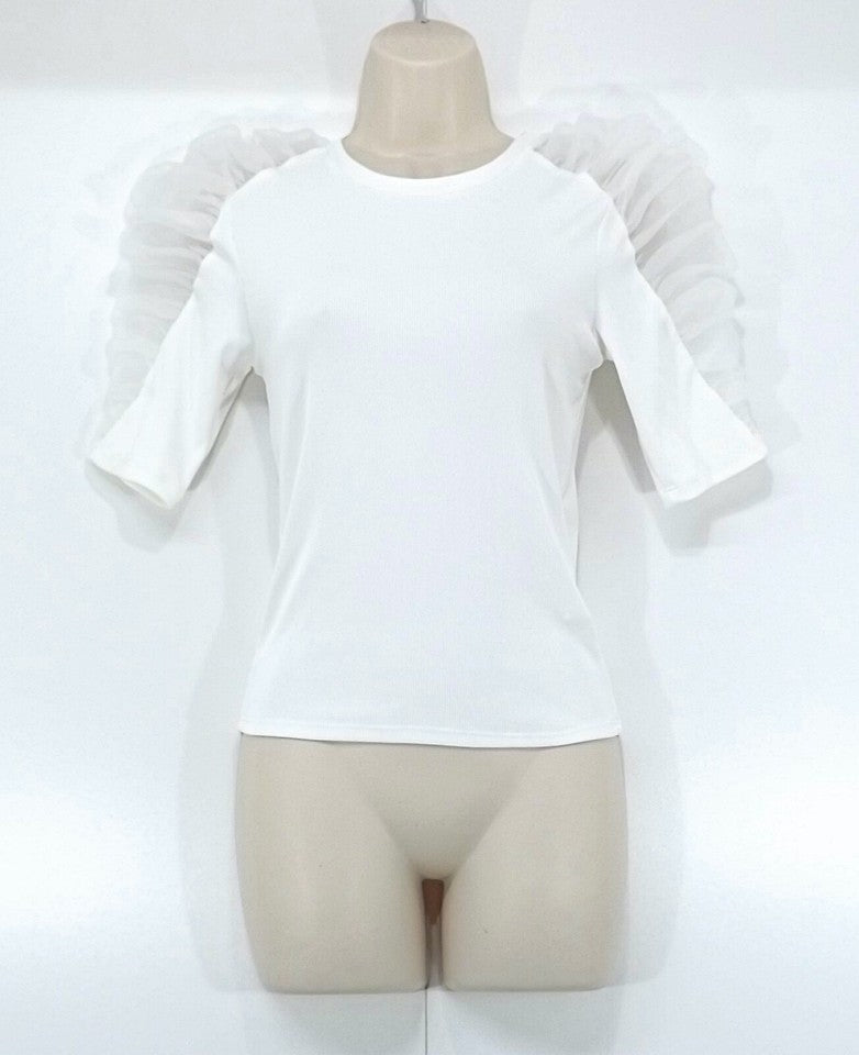 ZARA White Thin Jersey Gathered Organza Shoulder Women's Blouse T-Shirt UK 10 12 M