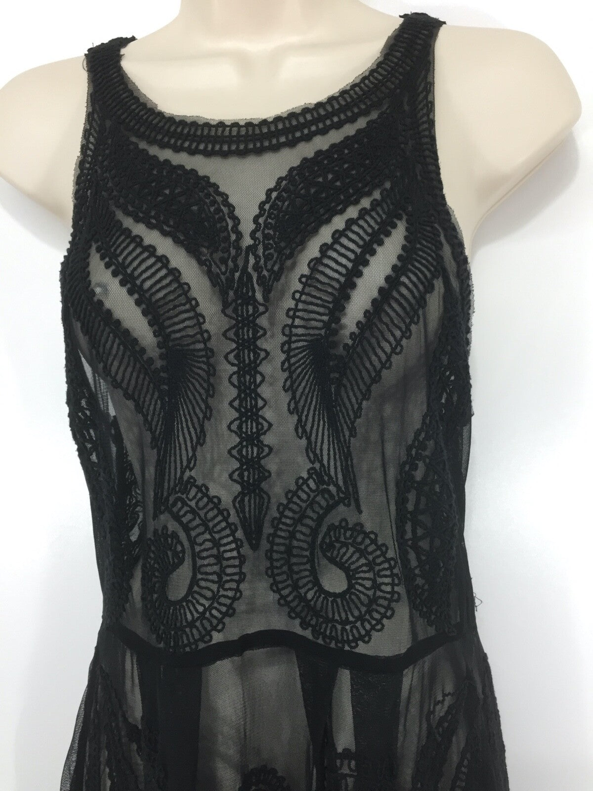 SEEN Embroidered Mesh Sheer Black Women's Fit & Flare Dress UK 12 14 Cocktail Goth Club