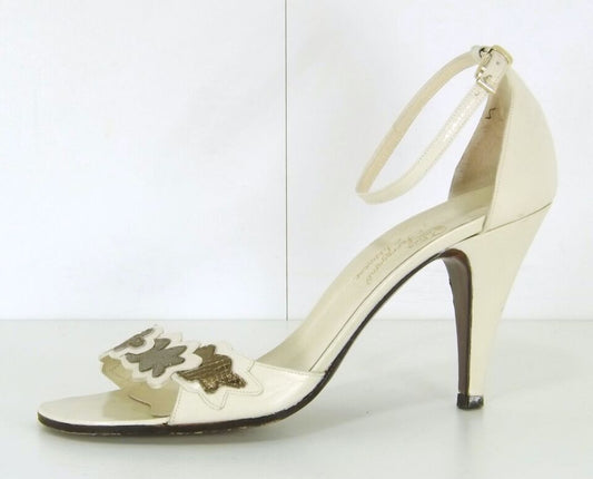 FERRAGAMO Vintage 60s Cream Ivory REAL LEATHER Women's Ankle Strap Sandals UK 4 EUR 37
