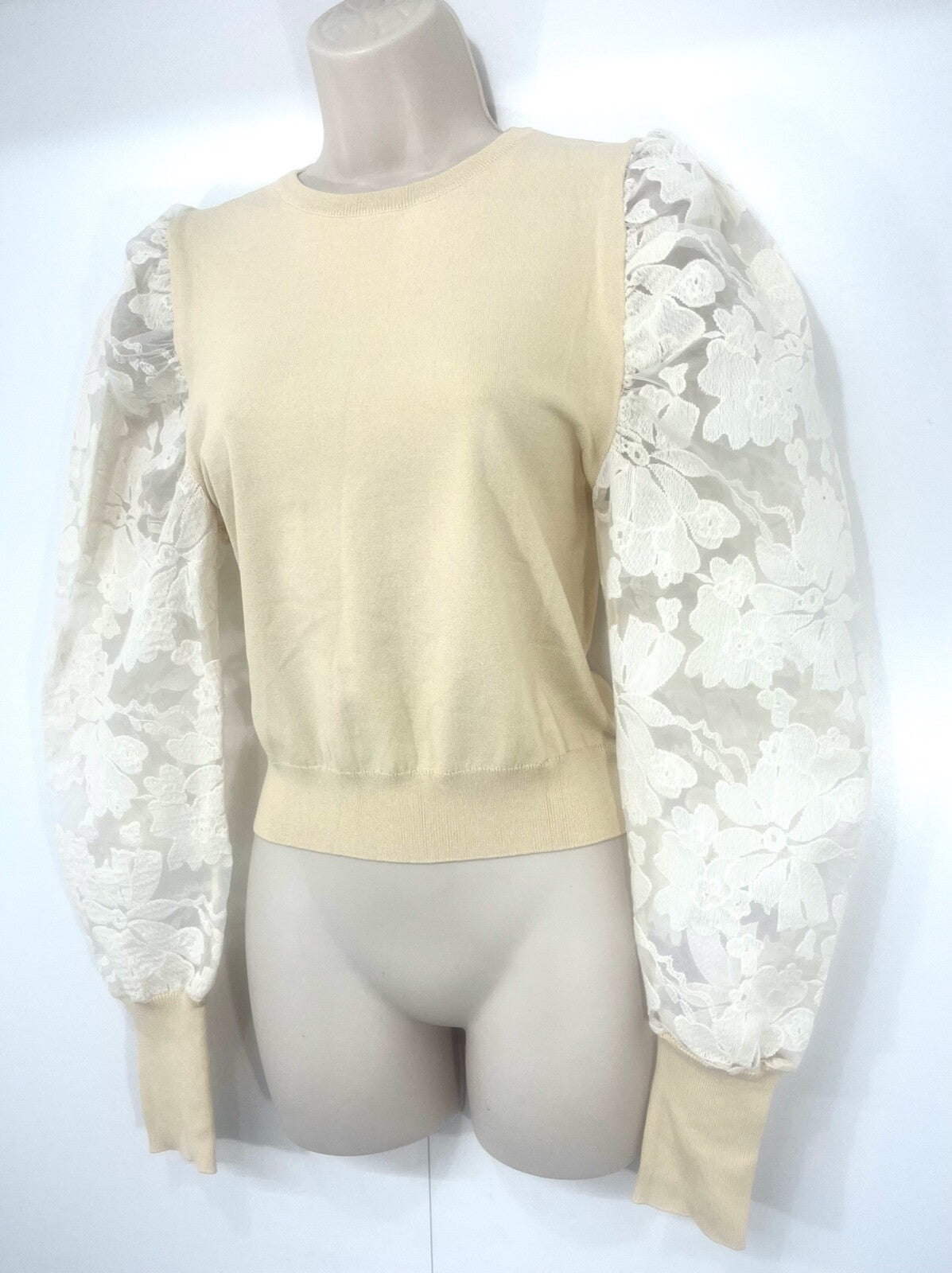 ZARA Cream Soft Thin Jersey Lace Sleeve Women's Jumper Top UK 12 14 XL