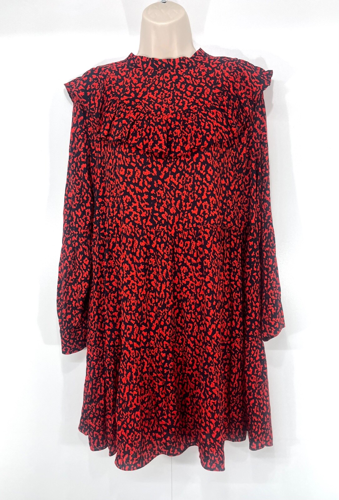 ZARA Black Red Silky Retro Boho Style Women's Ruffle Flared Dress UK 12 14 M