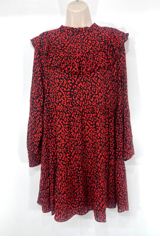 ZARA Black Red Silky Retro Boho Style Women's Ruffle Flared Dress UK 12 14 M