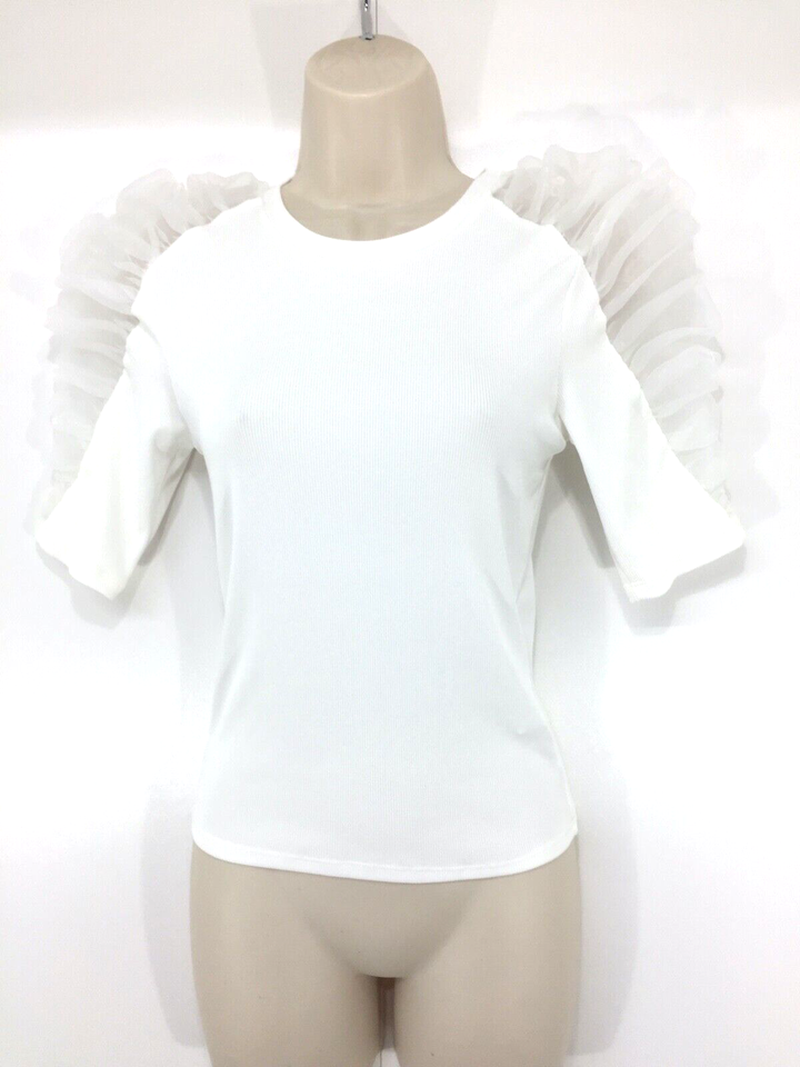ZARA White Thin Jersey Gathered Organza Shoulder Women's Blouse T-Shirt UK 10 12 M