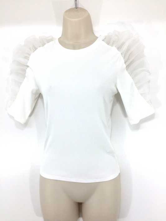 ZARA White Thin Jersey Gathered Organza Shoulder Women's Blouse T-Shirt UK 10 12 M