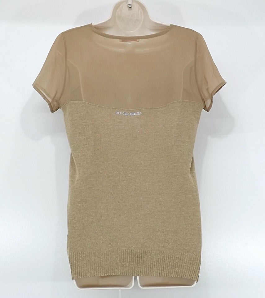 BLUGIRL FOLIES Beige Gold Sheer Women's Oversized Top T-Shirt size UK 10