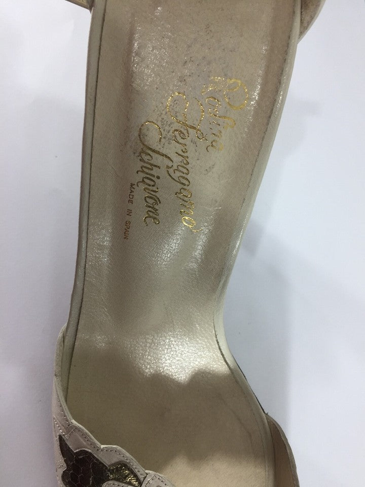 FERRAGAMO Vintage 60s Cream Ivory REAL LEATHER Women's Ankle Strap Sandals UK 4 EUR 37