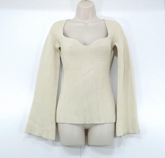 H&M Ecru Beige Classic Retro Style Women's Sweetheart Neck Jumper UK 8 10 S