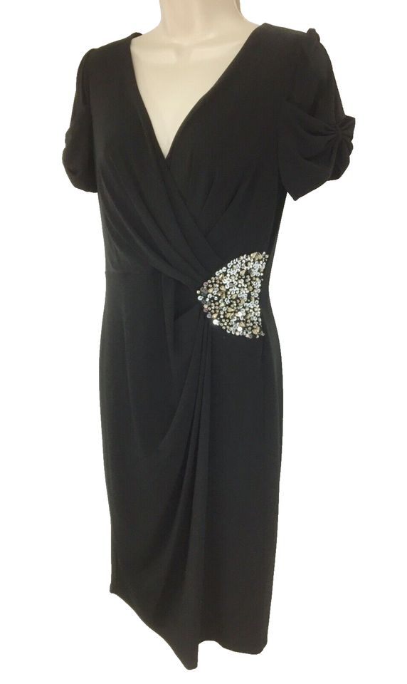 MARKS & SPENCER Black Embellished Thin Silky Jersey Crossover Gathered Women's Shift Dress UK 10