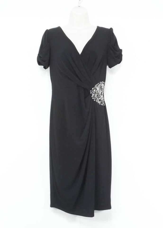 MARKS & SPENCER Black Embellished Thin Silky Jersey Crossover Gathered Women's Shift Dress UK 10