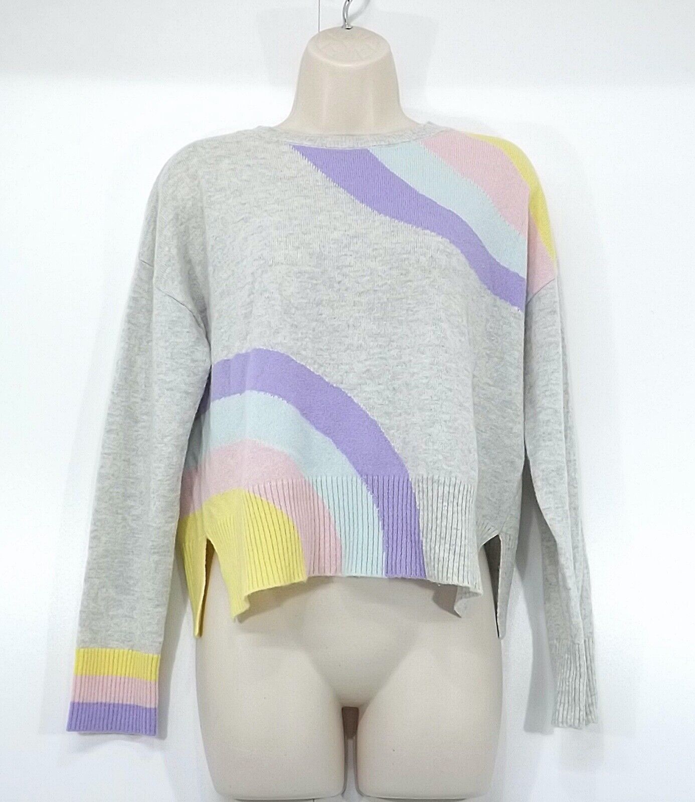 &ISLA Grey Multicoloured Pure CASHMERE Thin Knit Women's Oversized Crew Neck Jumper UK 6 8 XS
