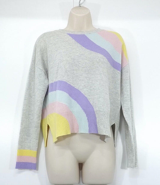 &ISLA Grey Multicoloured Pure CASHMERE Thin Knit Women's Oversized Crew Neck Jumper UK 6 8 XS