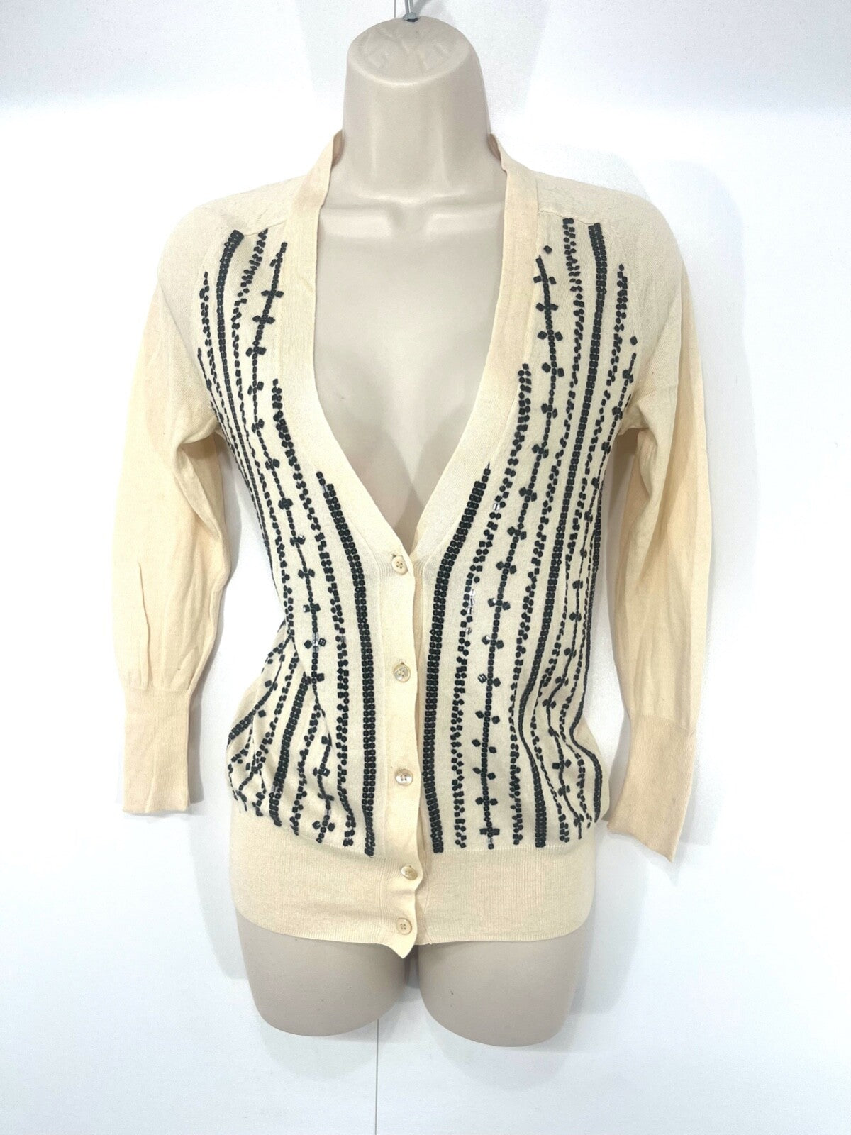 J.CREW Cream Embellished PIMA COTTON WOOL Blend Women's Thin V-Neck Cardigan UK 8 10 S