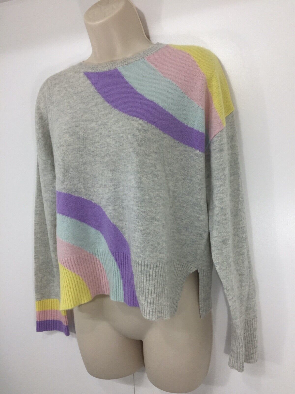 &ISLA Grey Multicoloured Pure CASHMERE Thin Knit Women's Oversized Crew Neck Jumper UK 6 8 XS