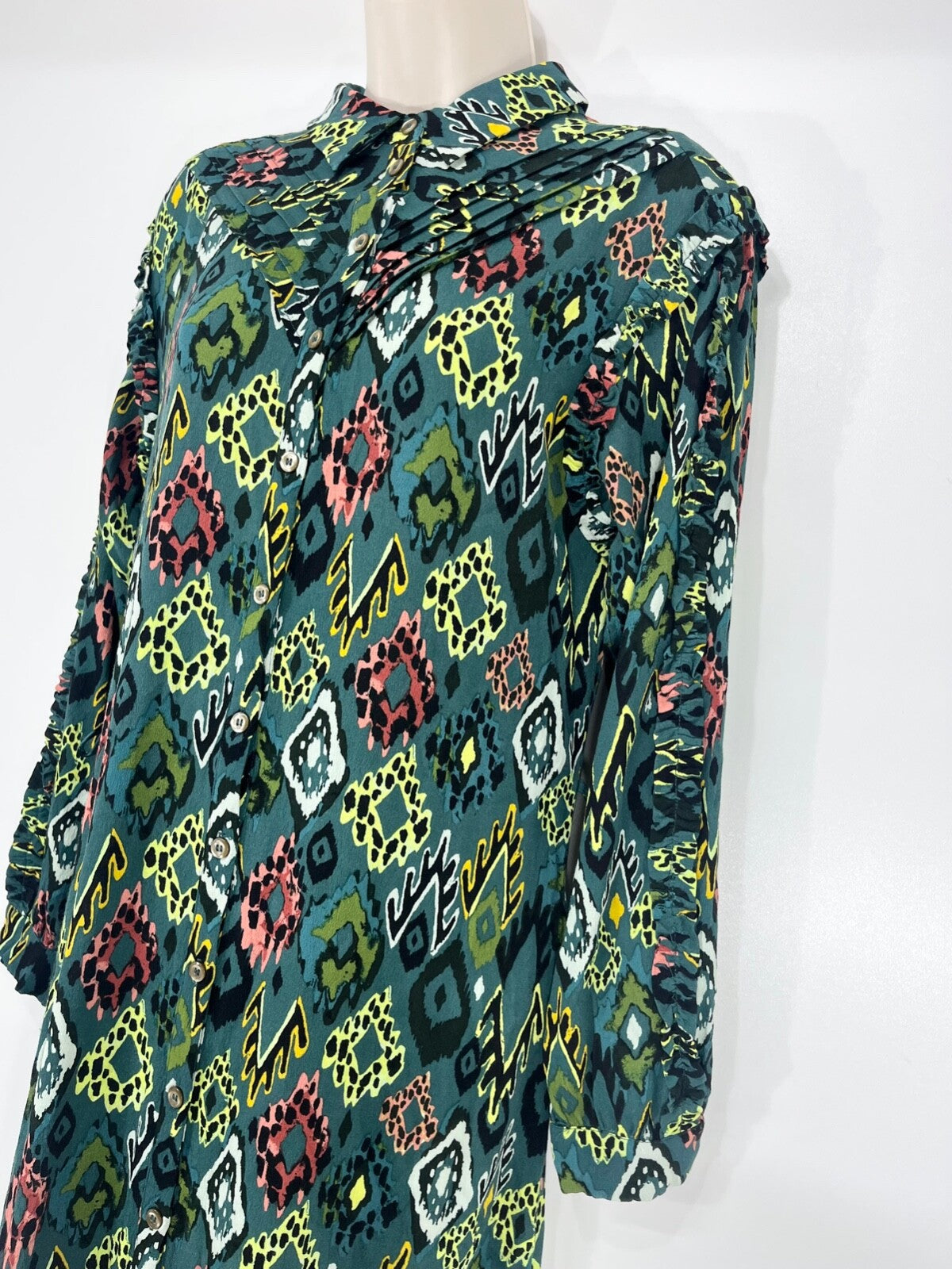 POM Amsterdam Green Multicoloured Boho Scandi Women's Midi Shirt Dress UK 8 10 S