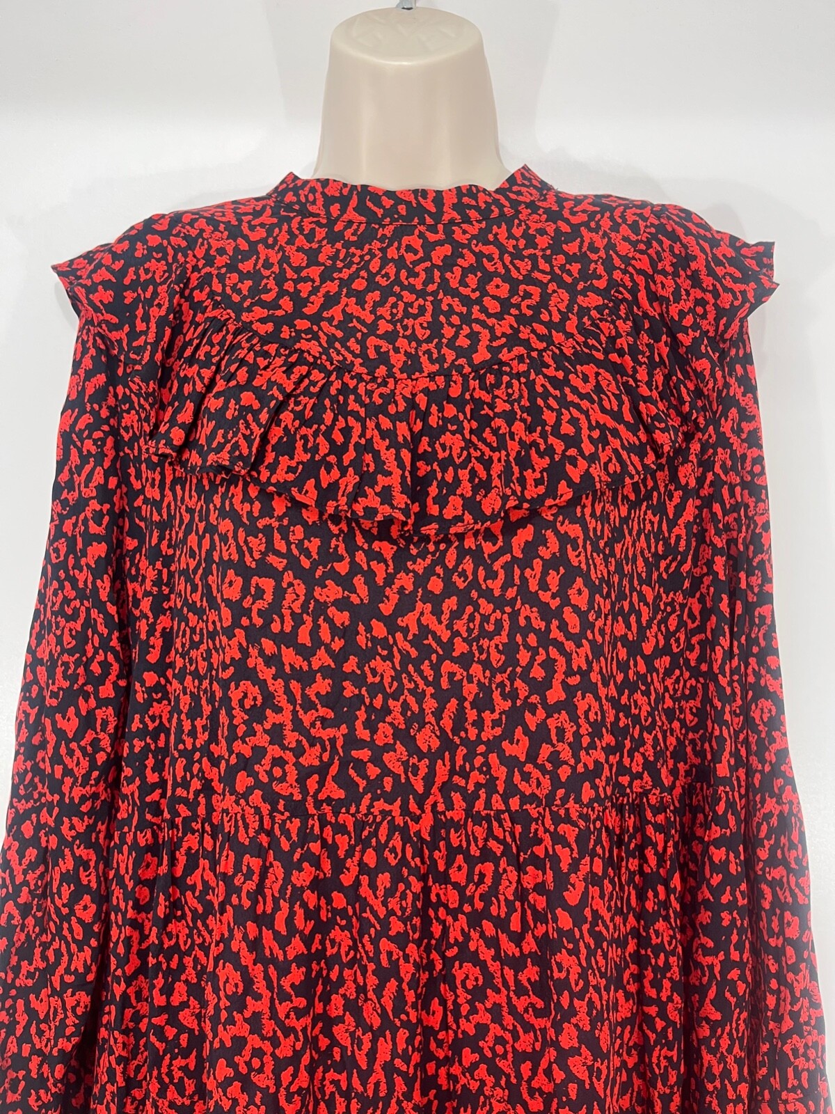 ZARA Black Red Silky Retro Boho Style Women's Ruffle Flared Dress UK 12 14 M