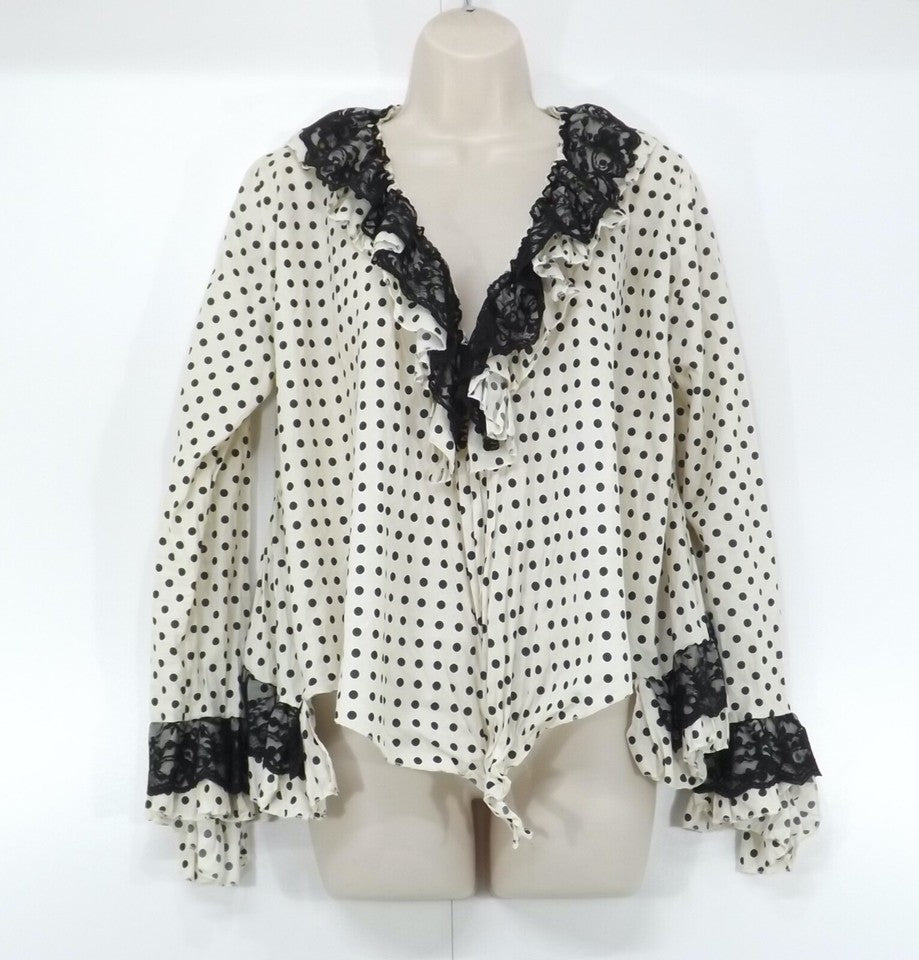 JEFF GALLANO Paris Beige Black Polka Dot COTTON Retro Boho Women's Blouse UK 12 14 M