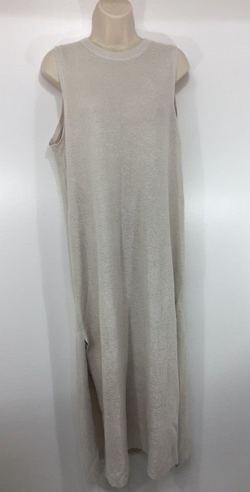 H&M Stone Beige Soft Thin Knit Relaxed Fit Women's Long Jumper Dress Tunic UK 16 18 L NEW