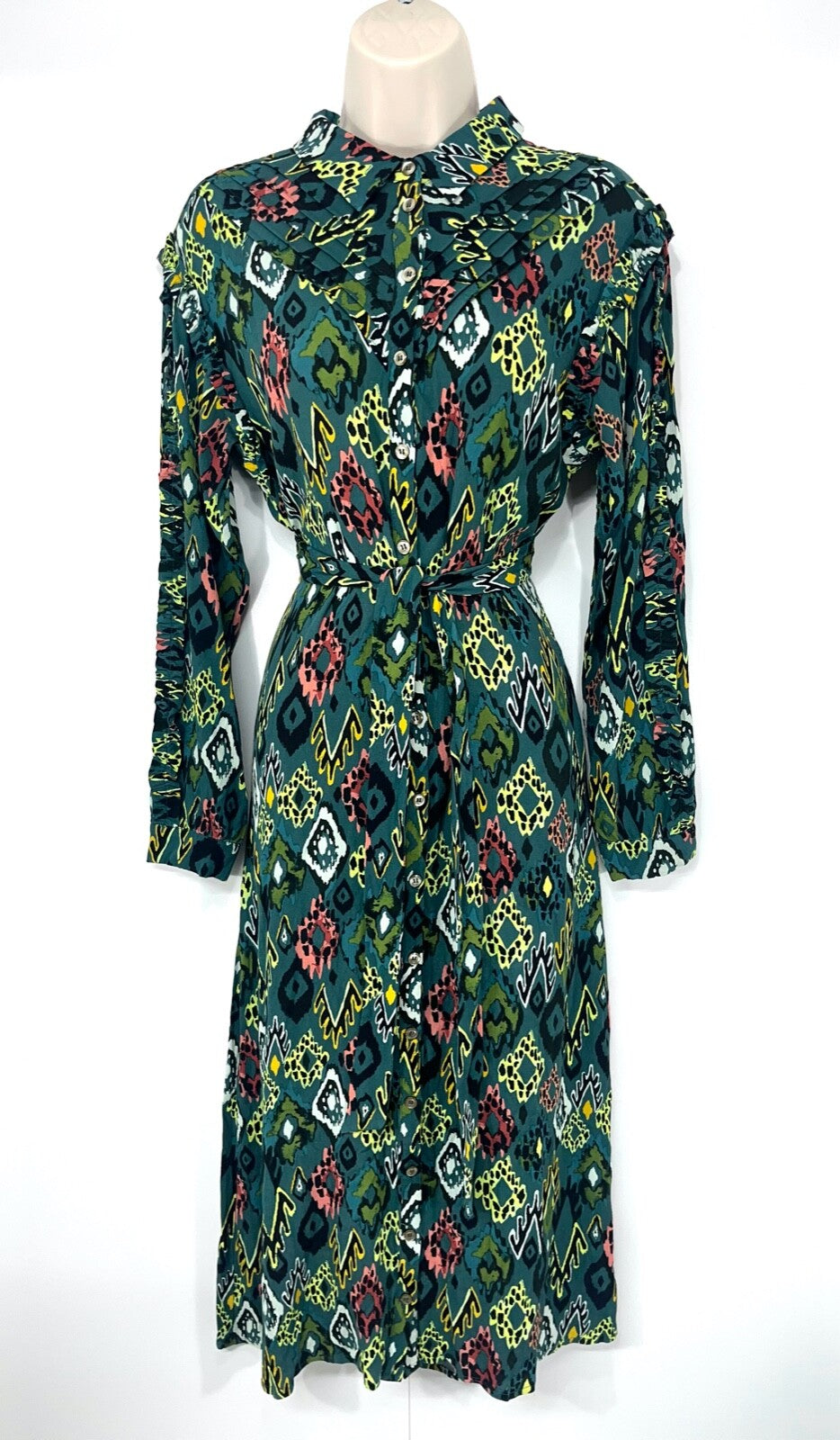 POM Amsterdam Green Multicoloured Boho Scandi Women's Midi Shirt Dress UK 8 10 S
